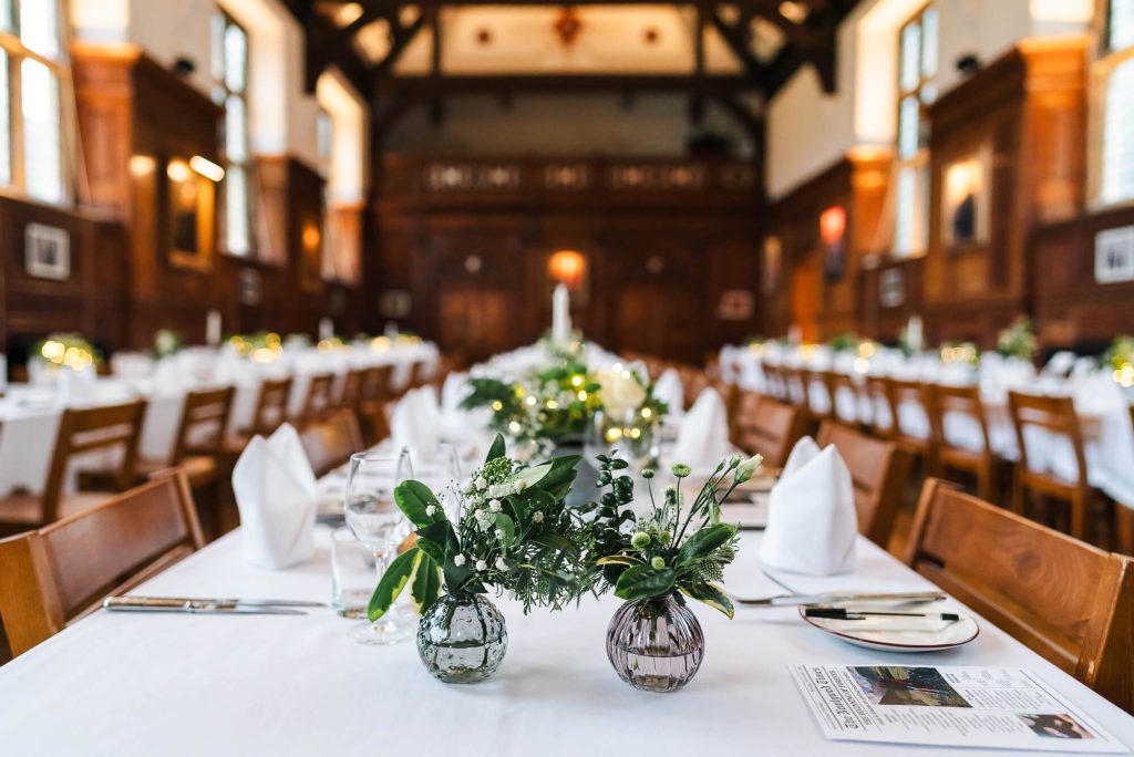 Dining table at Selwyn College, Cambridge wedding photography